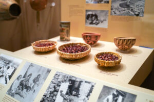 baskets of beans in a museum display