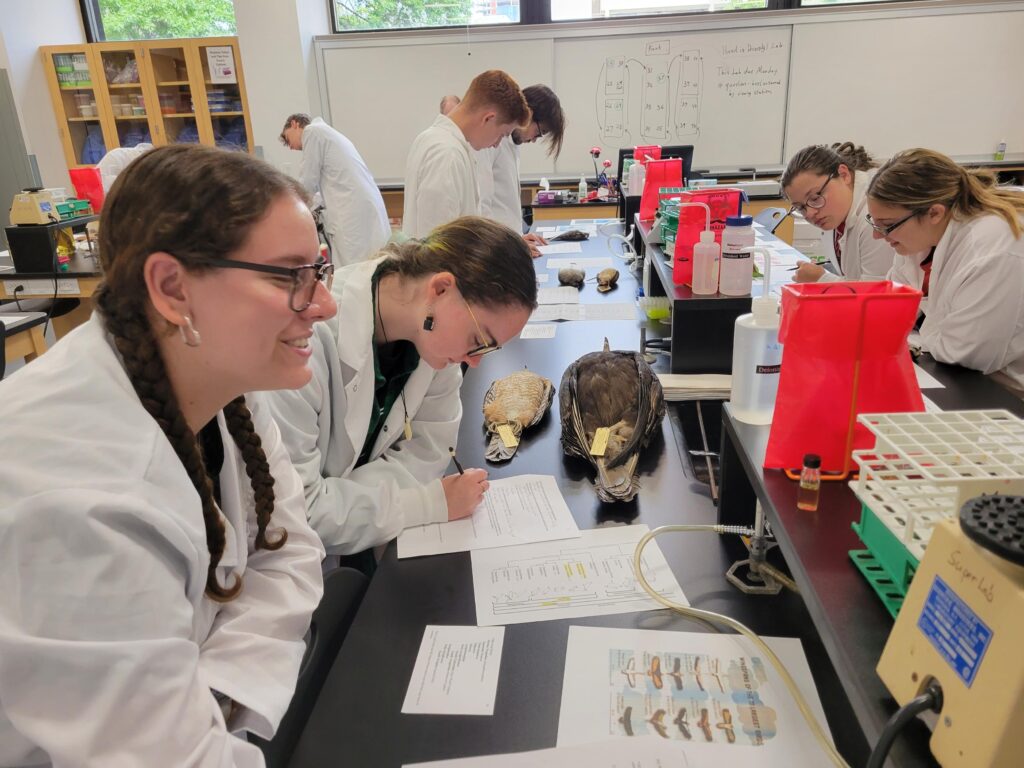 students in lab coats working at tables