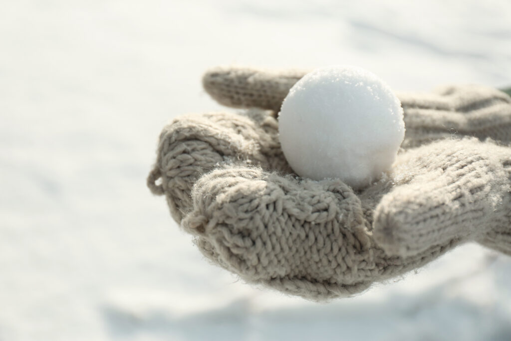 snowball held in mitten-covered hands
