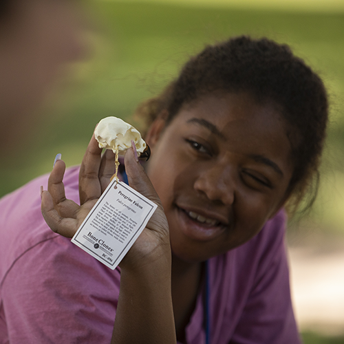 A girl looks at a skull